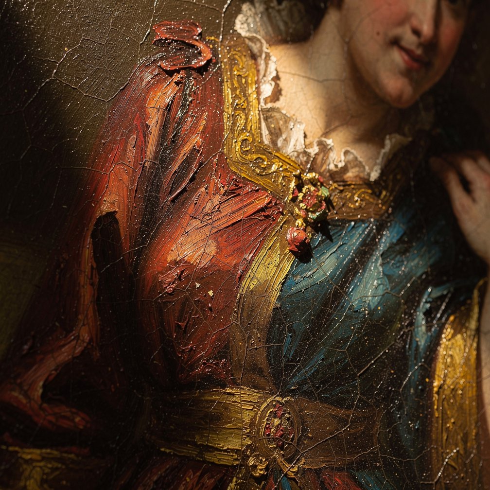 An elegant oil painting on canvas, classical style, rich textures and colors, close-up details