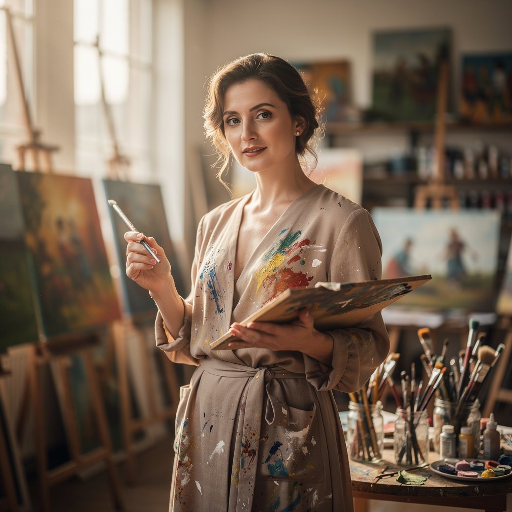An artistic portrait of a painter in their studio, holding a brush, soft focus background with paintings, elegant and professional